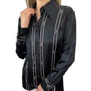 CHANEL Vintage 94A CC Logo Button Up Blouse Silk Shirt #38 Ribbon Black [106071]